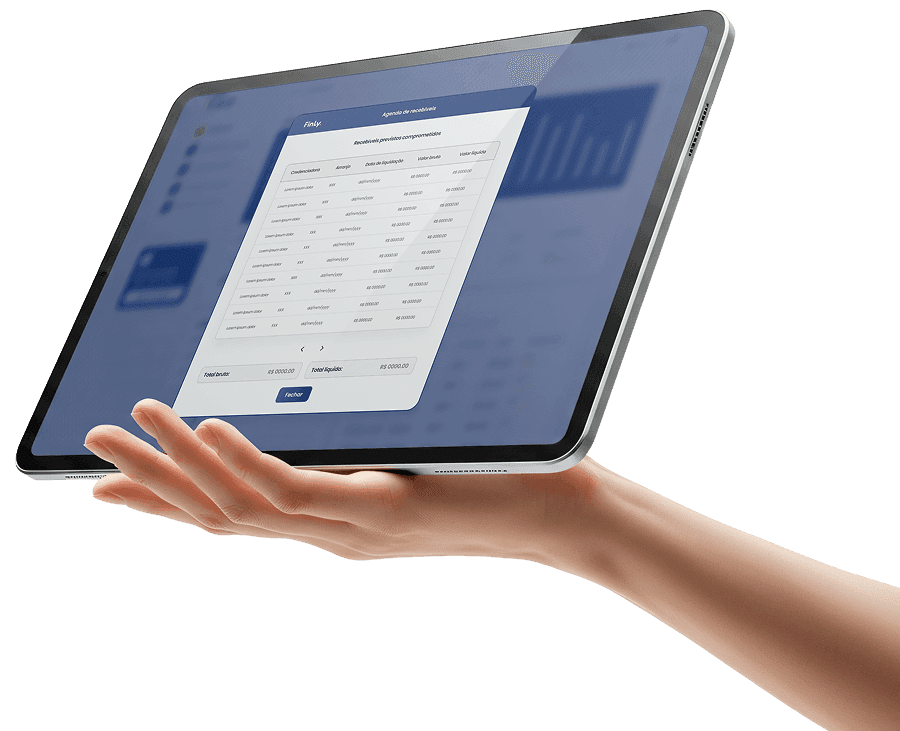 Tablet mostrando interface de arranjos de pagamento e recebíveis
